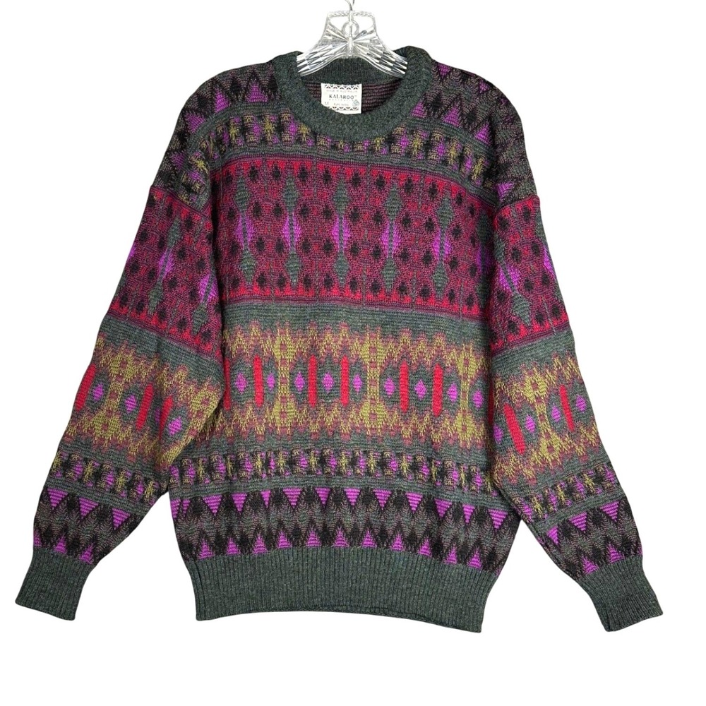 Kalaroo Mens Pure New Wool Geometric Fair Isle Sweater M Green Vintage Australia